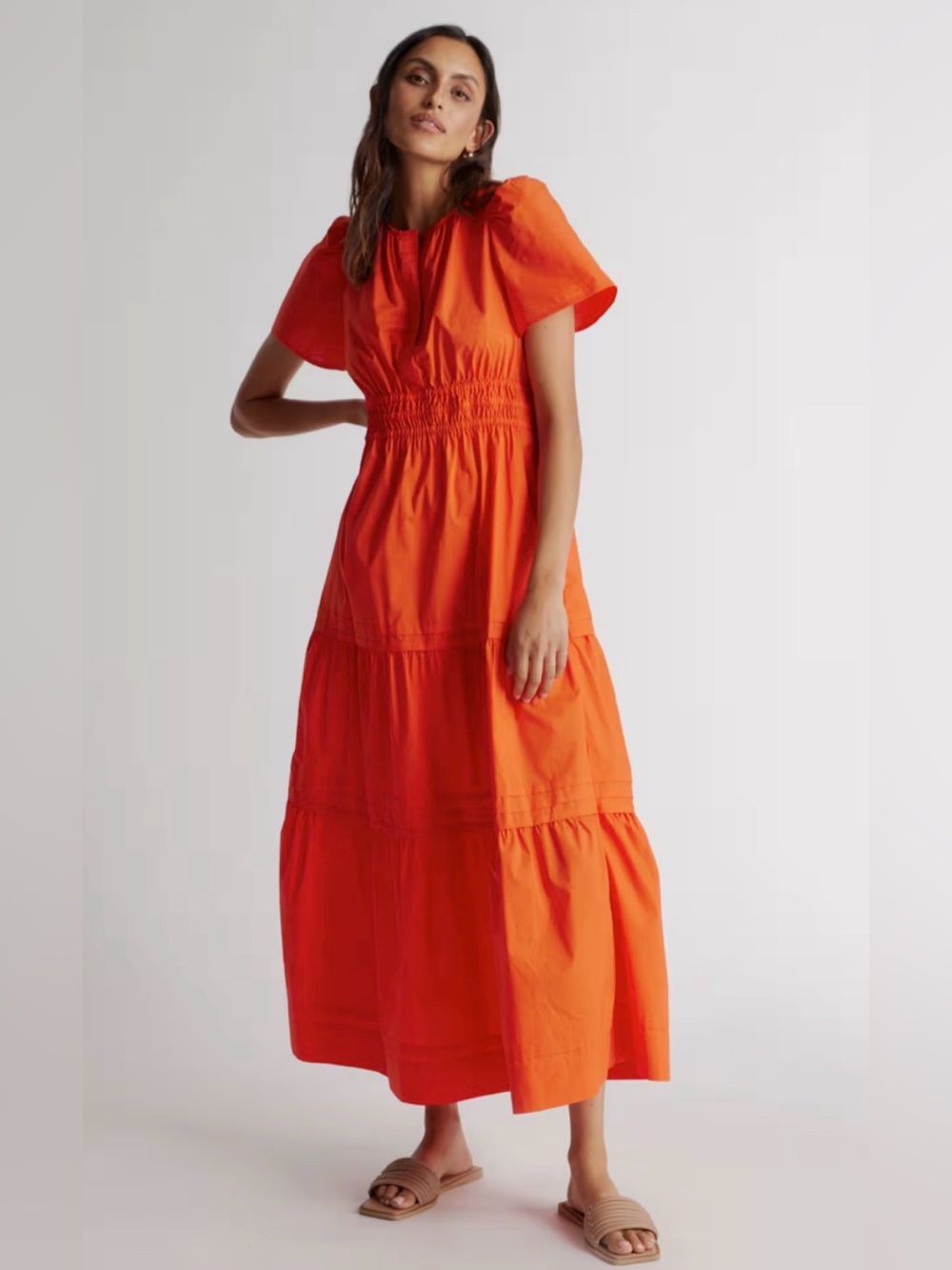 NWT Quince Red Orange Organic Cotton Poplin Tiered Maxi Dress Sz XS